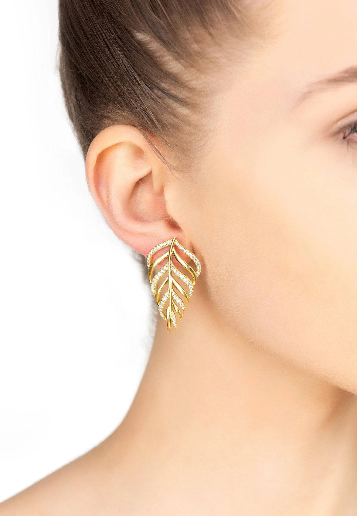 Latelita Bali Leaf Stud Earrings White Cz Gold 2 Latelita Bali Leaf Stud Earrings White Cz Gold - Image 2