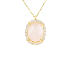 Latelita Beatrice Oval Gemstone Pendant Necklace Gold Rose Quartz
