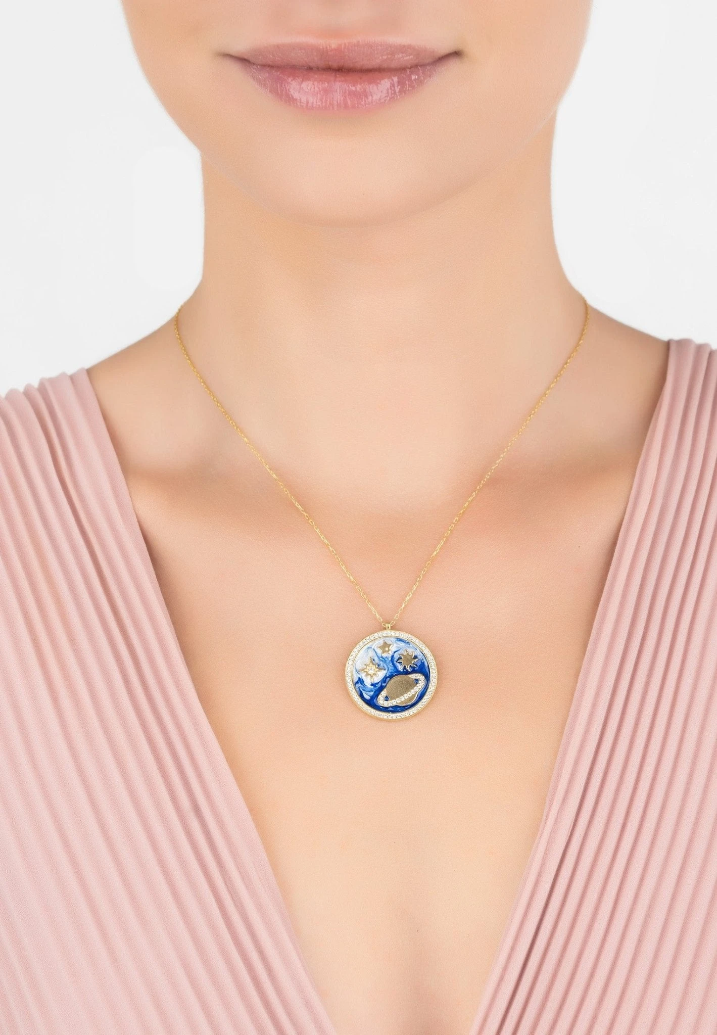 Latelita Cosmos Stars & Planet Dark Blue Enamel Necklace Gold 2 Latelita Cosmos Stars & Planet Dark Blue Enamel Necklace Gold - Image 2