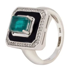 Latelita Deco Emerald & Enamel Ring Silver