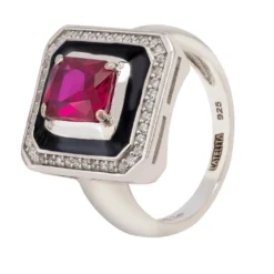 Latelita Deco Ruby & Enamel Ring Silver