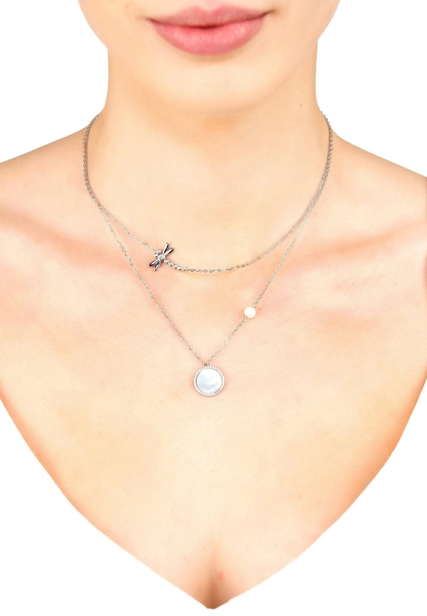 Latelita Dragon Fly Mother Of Pearl Layered Necklace Silver 2 Latelita Dragon Fly Mother Of Pearl Layered Necklace Silver - Image 2