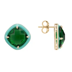 Latelita Enamel & Emerald Gemstone Cushion Stud Earrings Gold -Cheap Gemiracle Store enamel emerald gemstone cushion stud earrings gold 495584