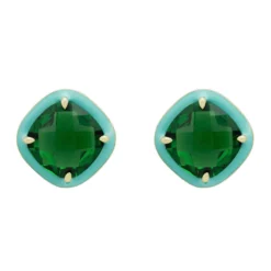 Latelita Enamel & Emerald Gemstone Cushion Stud Earrings Gold