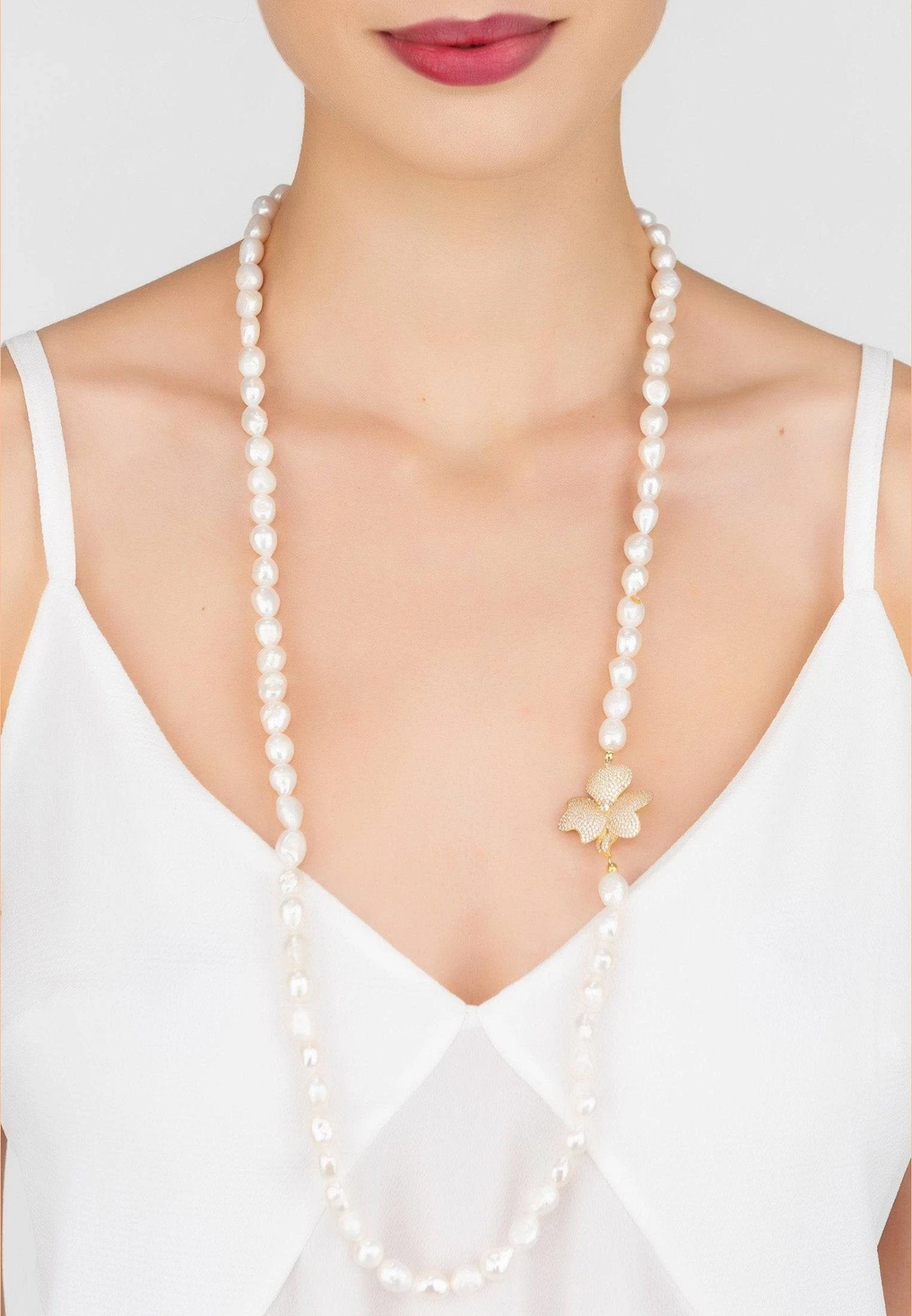 Latelita Flower Pearl Gemstone Long Necklace White Cz Gold 2 Latelita Flower Pearl Gemstone Long Necklace White Cz Gold - Image 2