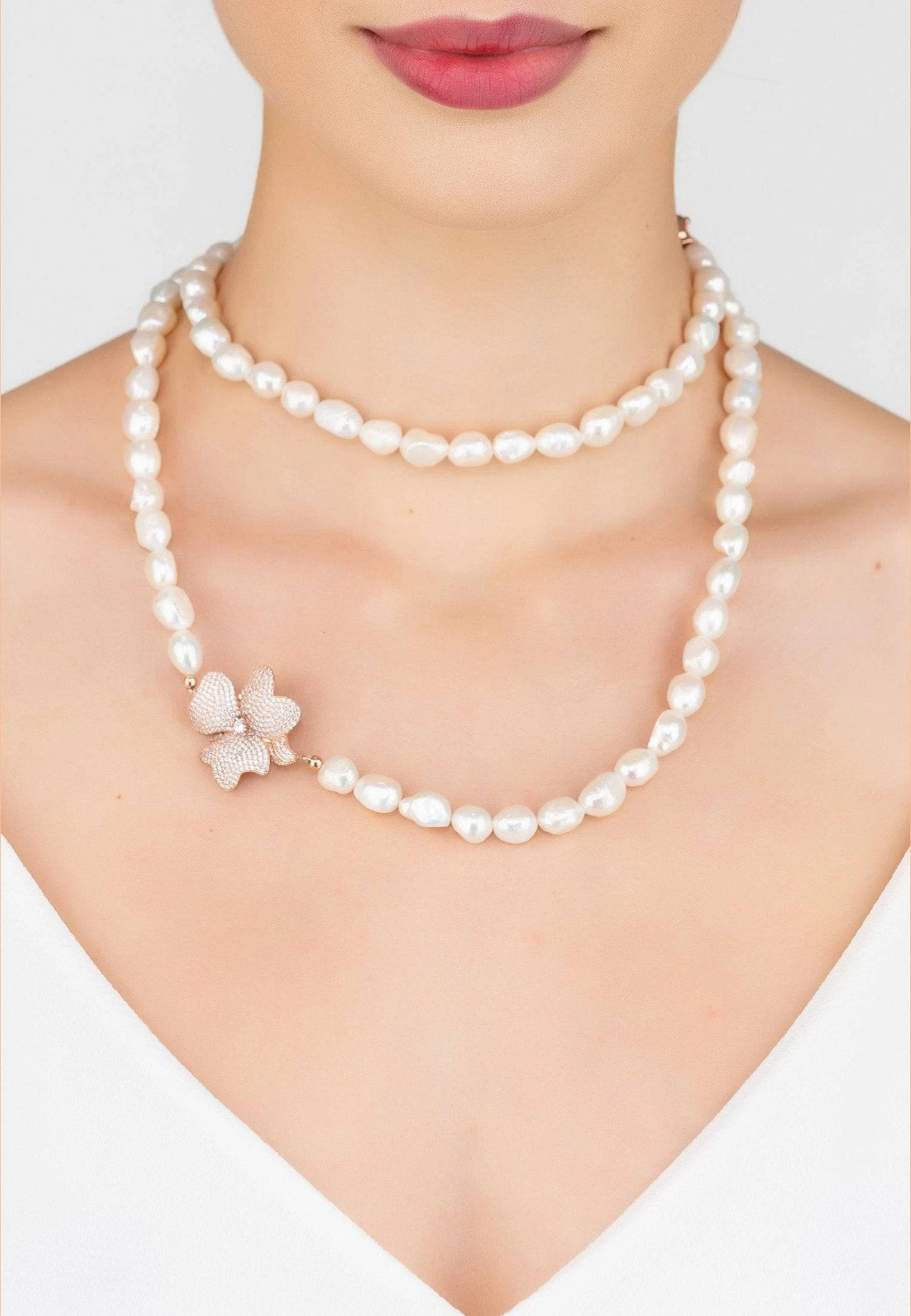 Latelita Flower Pearl Gemstone Long Necklace White Cz Rosegold 2 Latelita Flower Pearl Gemstone Long Necklace White Cz Rosegold - Image 2