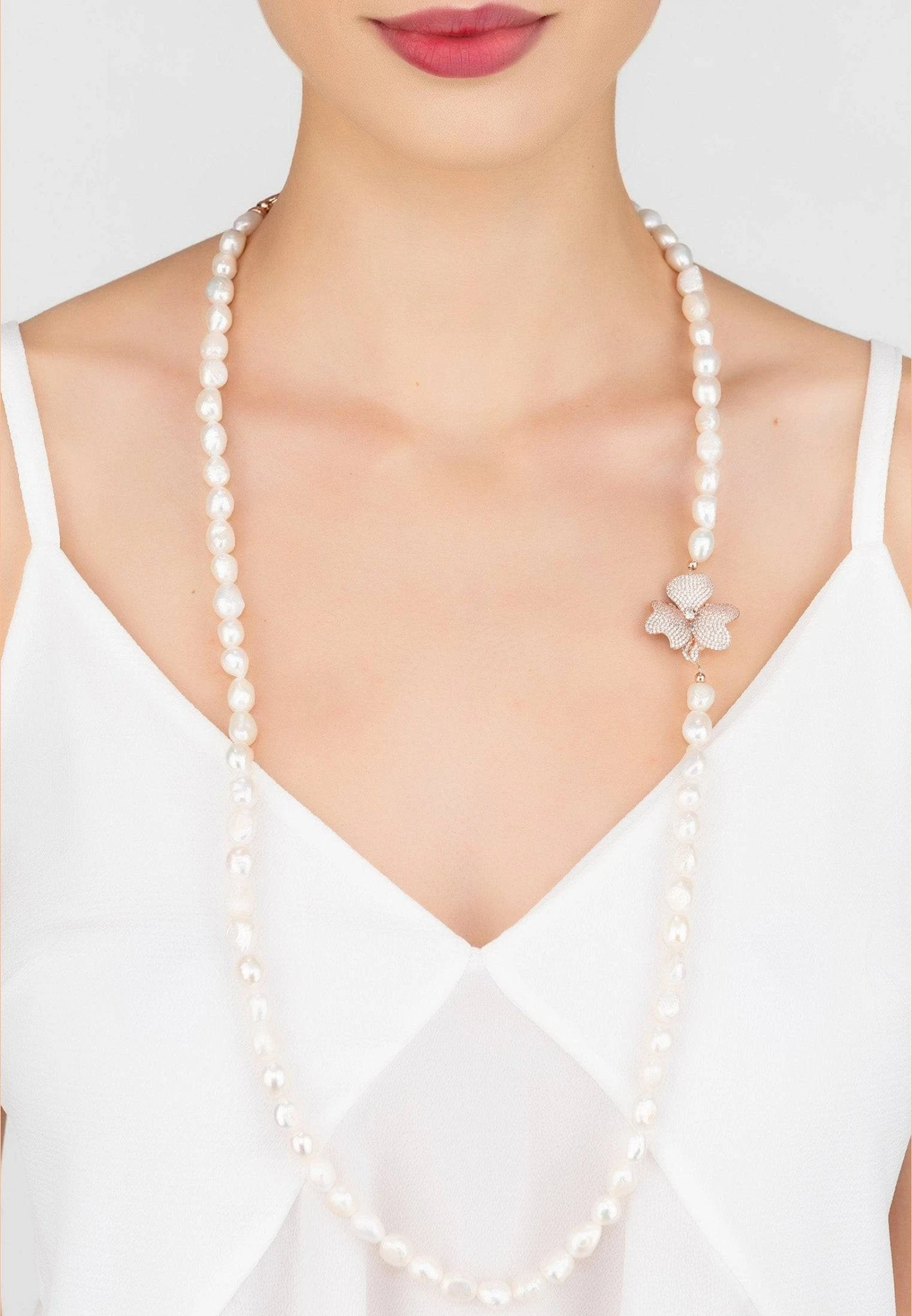Latelita Flower Pearl Gemstone Long Necklace White Cz Rosegold 3 Latelita Flower Pearl Gemstone Long Necklace White Cz Rosegold - Image 3
