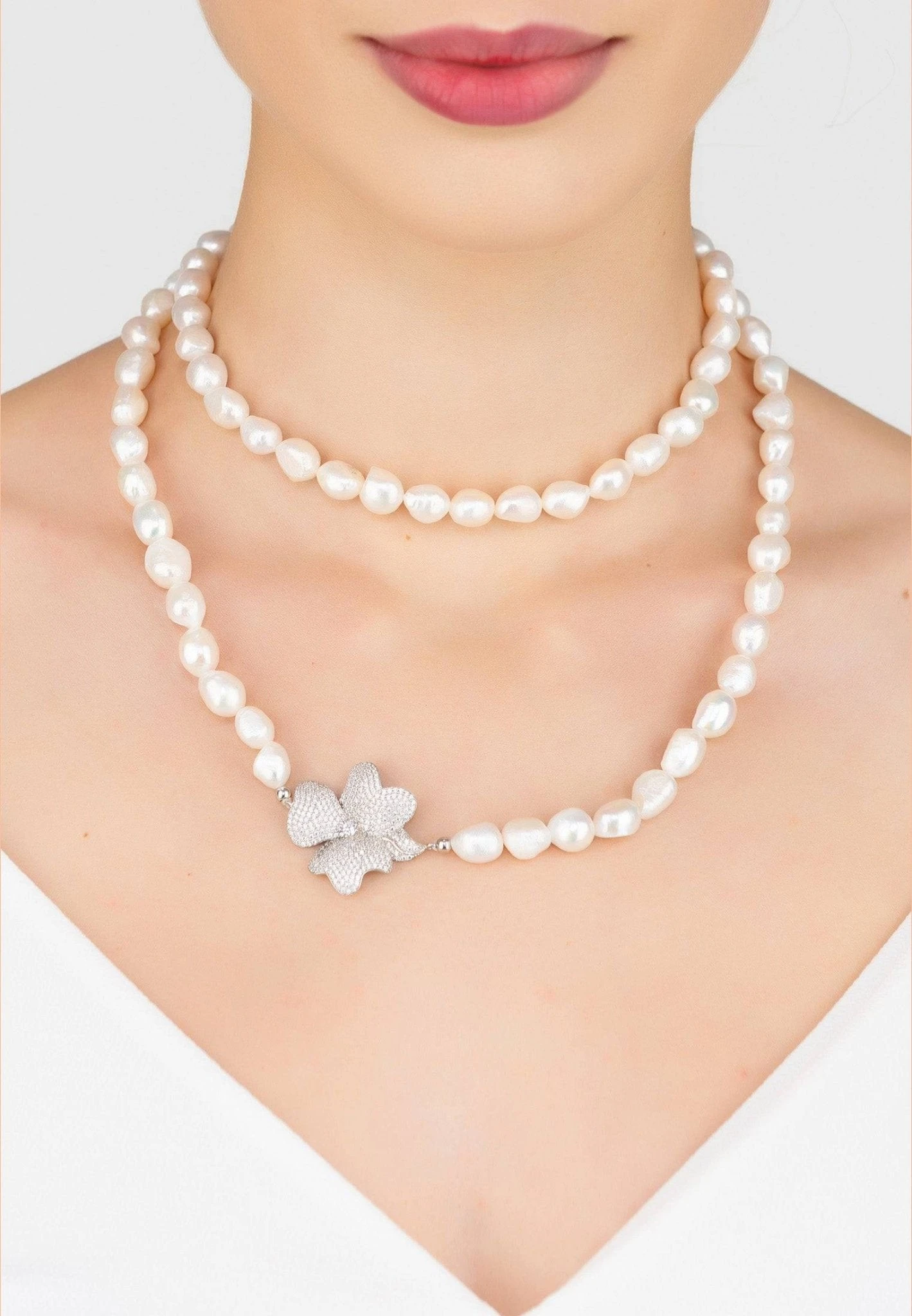 Latelita Flower Pearl Gemstone Long Necklace White Cz Silver 3 Latelita Flower Pearl Gemstone Long Necklace White Cz Silver - Image 3