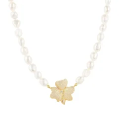 Latelita Flower Pearl Mid Length Necklace White Cz Gold
