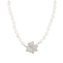 Latelita Flower Pearl Mid Length Necklace White Cz Silver
