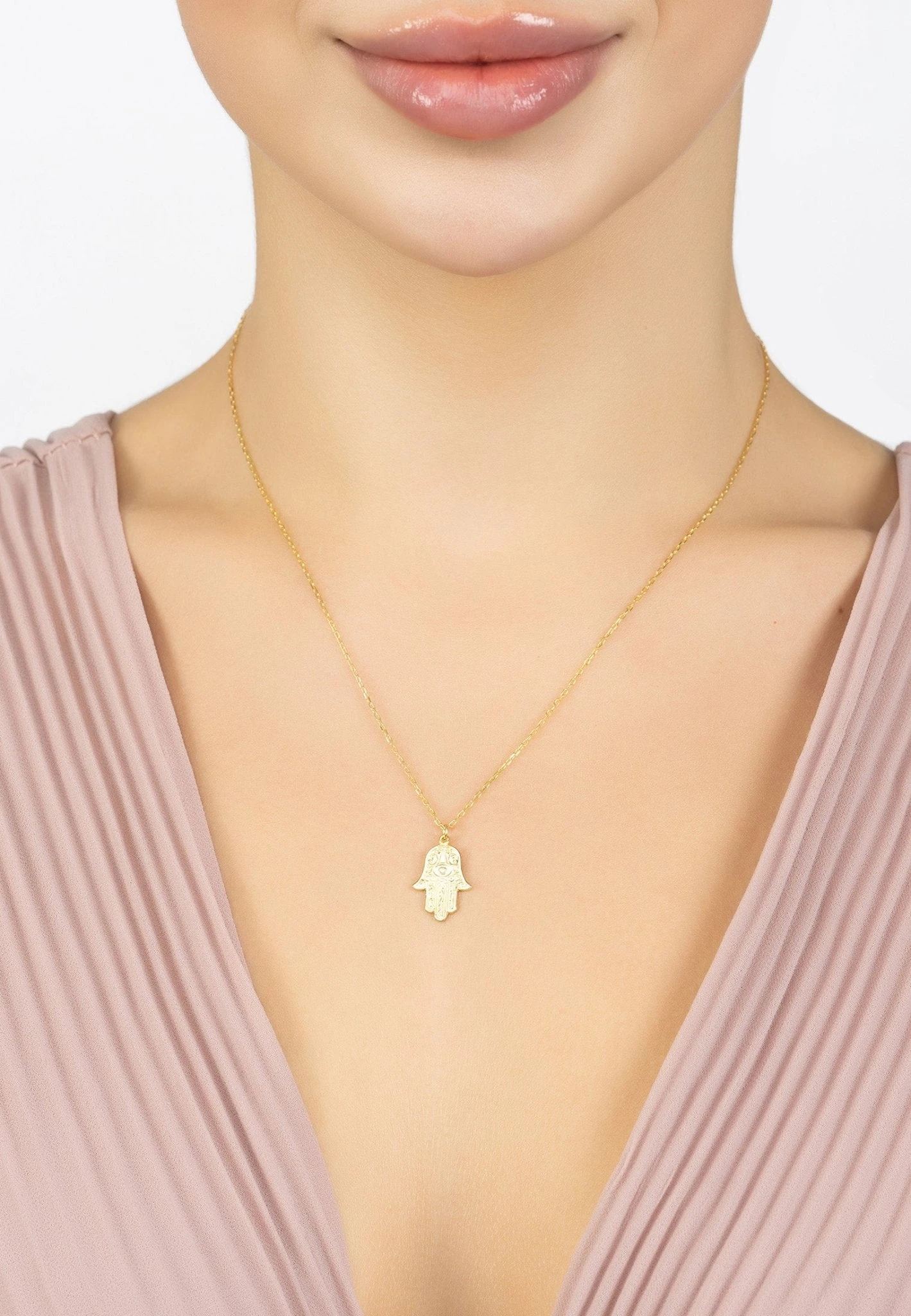Latelita Hamsa Evil Eye Embossed Pendant Necklace Gold 2 Latelita Hamsa Evil Eye Embossed Pendant Necklace Gold - Image 2