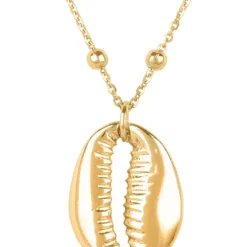 Latelita Long Cowrie Shell Pendant Necklace Ball Chain Gold