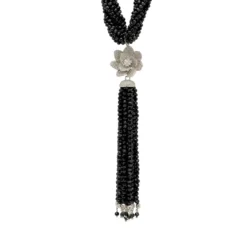 Latelita Lotus Flower Tassel Statement Necklace Black Spinel Silver