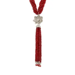 Latelita Lotus Flower Tassel Statement Necklace Garnet Red Silver