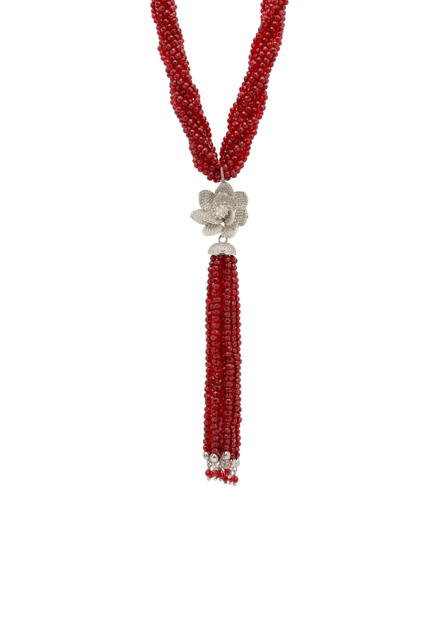 Latelita Lotus Flower Tassel Statement Necklace Garnet Red Silver 1 Latelita Lotus Flower Tassel Statement Necklace Garnet Red Silver