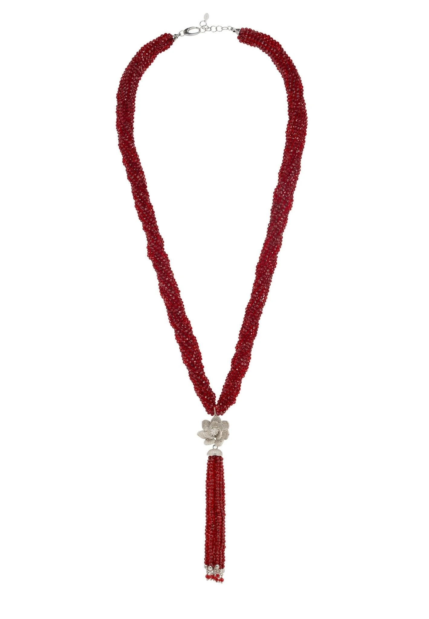 Latelita Lotus Flower Tassel Statement Necklace Garnet Red Silver 3 Latelita Lotus Flower Tassel Statement Necklace Garnet Red Silver - Image 3