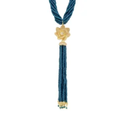 Latelita Lotus Flower Tassel Statement Necklace Iolite Blue Gold
