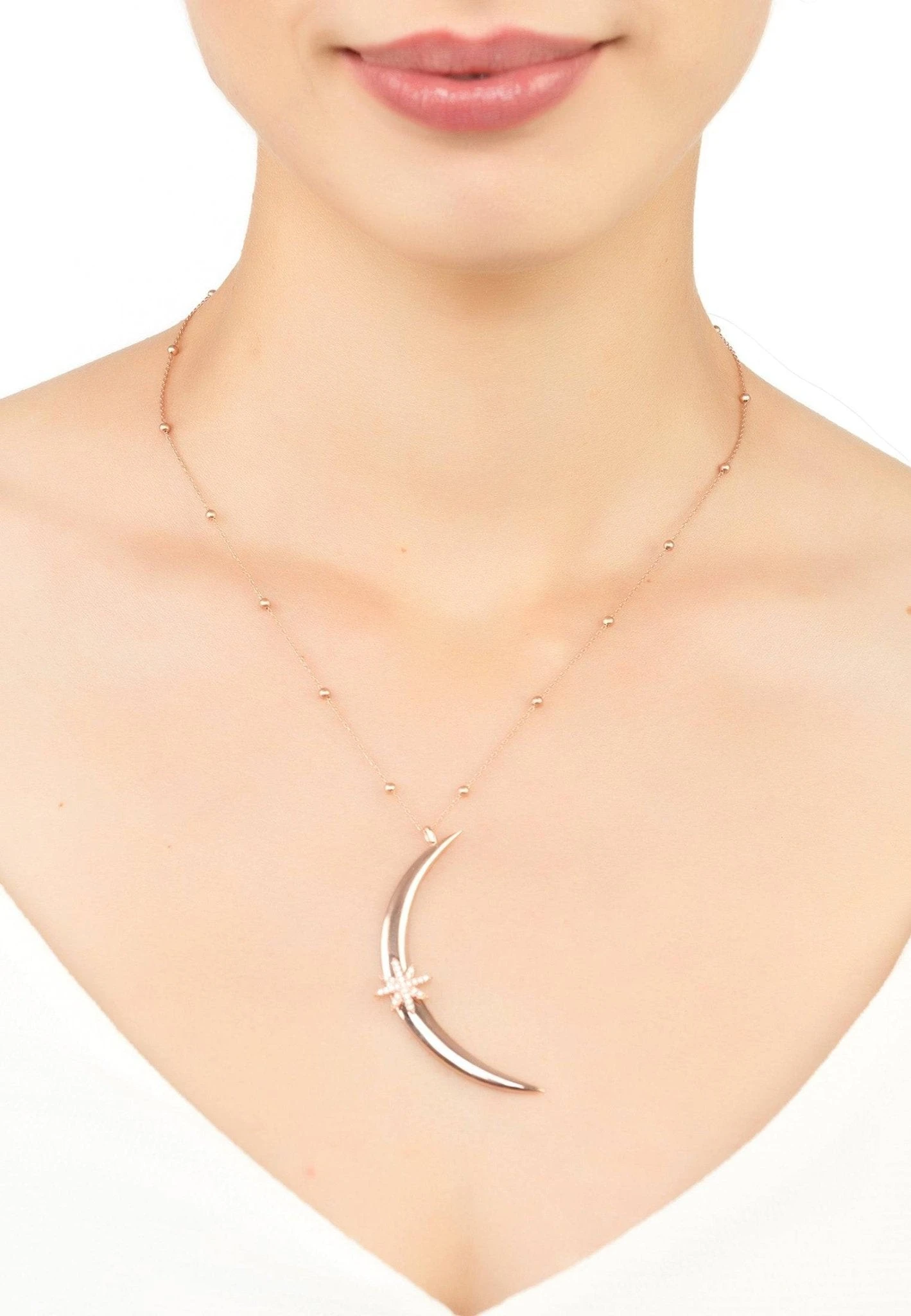 Latelita Moon Crescent Star Necklace Beaded Chain Rosegold 2 Latelita Moon Crescent Star Necklace Beaded Chain Rosegold - Image 2