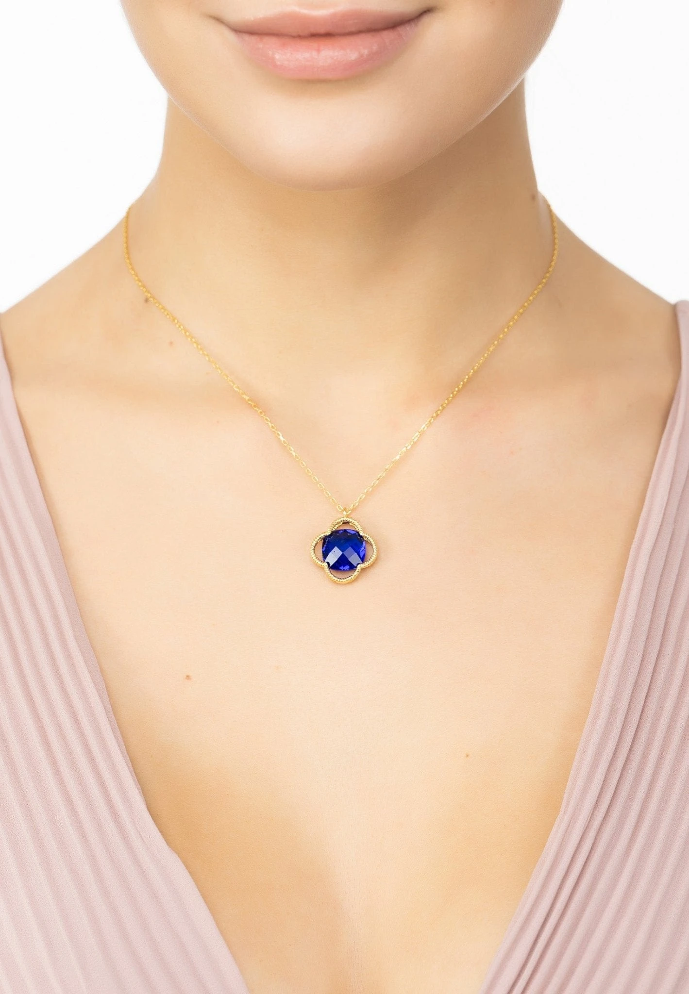 Latelita Open Clover Flower Gemstone Necklace Gold Sapphire 2 Latelita Open Clover Flower Gemstone Necklace Gold Sapphire - Image 2