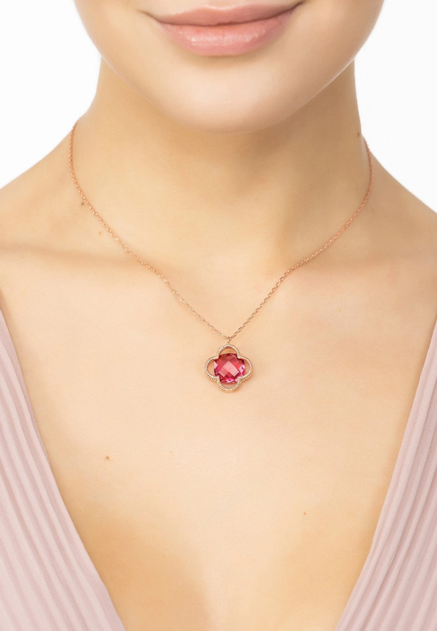 Latelita Open Clover Flower Gemstone Necklace Rosegold Pink Tourmaline 2 Latelita Open Clover Flower Gemstone Necklace Rosegold Pink Tourmaline - Image 2