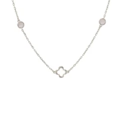Latelita Open Clover Long Gemstone Necklace Silver Rose Quartz