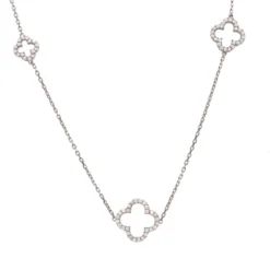 Latelita Open Clover Long White Cz Necklace Silver