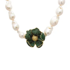 Latelita Poppy Flower Baroque Pearl Necklace Emerald Green Gold