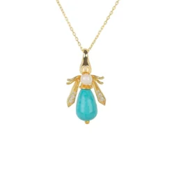 Latelita Turquoise & Pearl Gemstone Bee Pendant Necklace Gold