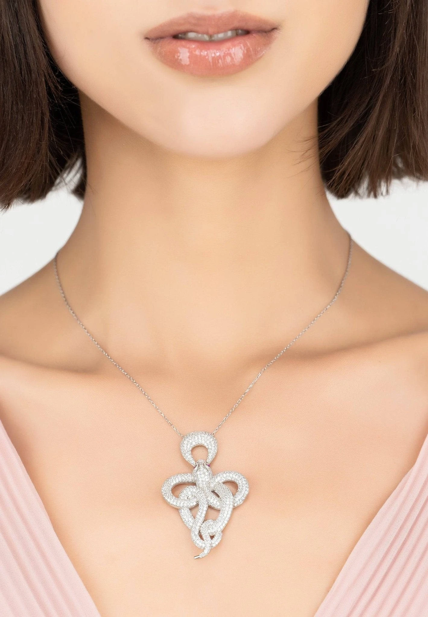 Latelita Viper Snake Pendant Necklace Silver White 2 Latelita Viper Snake Pendant Necklace Silver White - Image 2